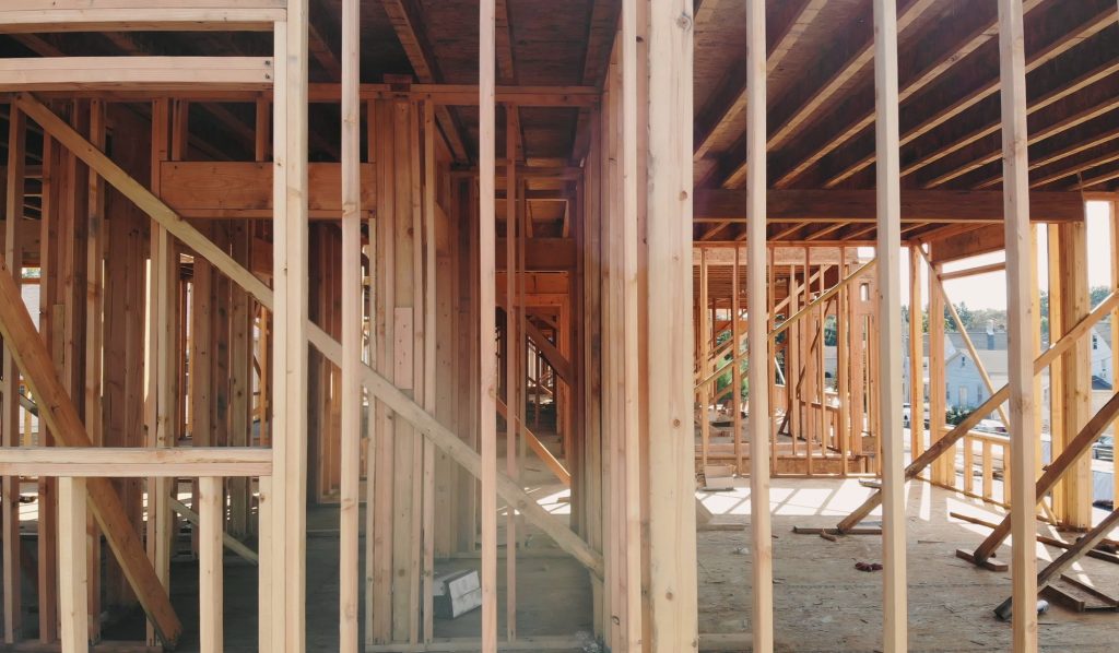 Building construction, wood framing and beam construction structure at new property development