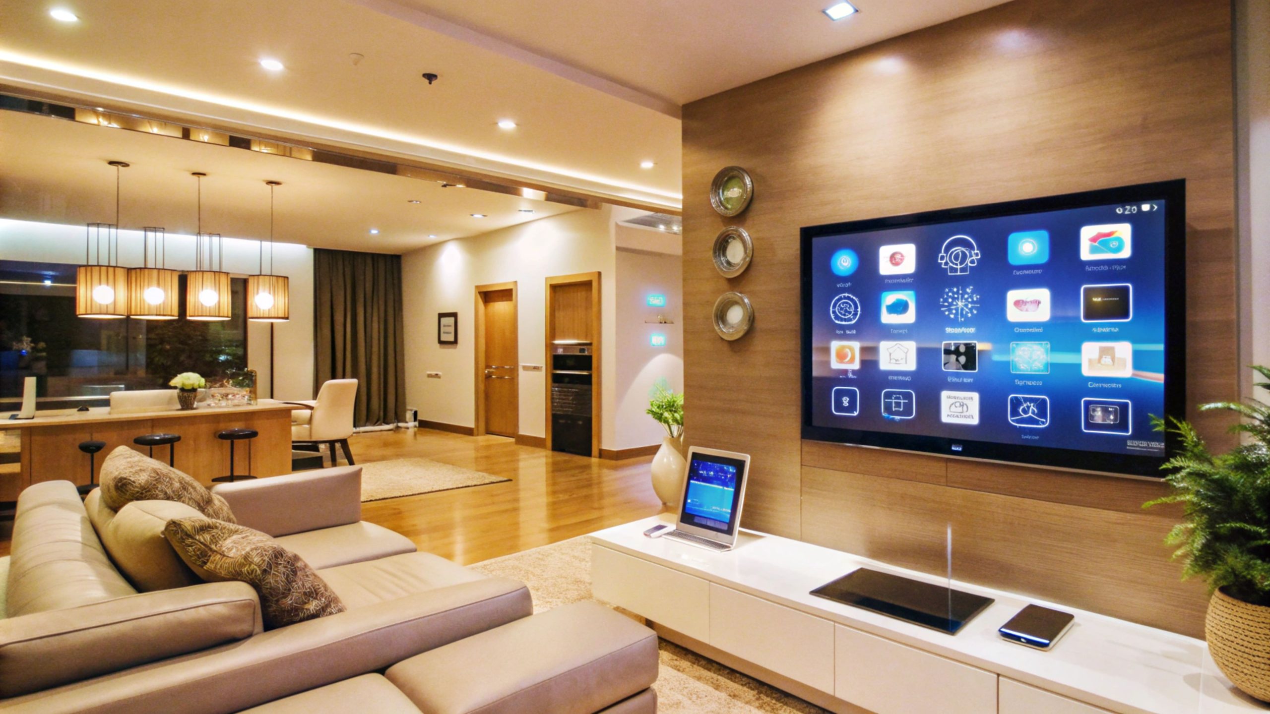 High-end control panel activating a personalized lighting scene in an integrated Smart Home Ecosystem.